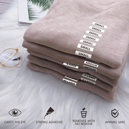 1750 PCS Clear Clothing Size Strip Labels, Tear-Resistant, Residue-Free, Black and White Fonts, 250 Strips Per Roll (7 Rolls, 1.25" X 5")