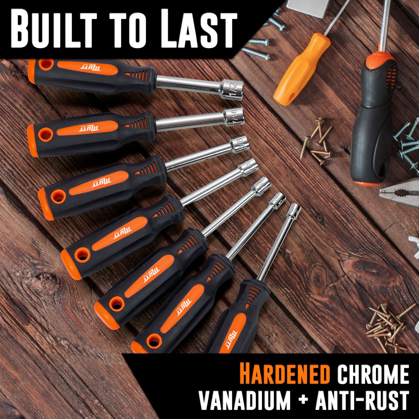 Mutt Tools Professional 7-Piece Hollow Nut Driver Set - 3" Deep Hollow Shaft Nut Driver Set with Pass Through Design - SAE and Metric Sizes - Deep Well Nut Drivers