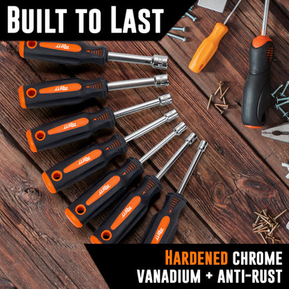 Mutt Tools Professional 7-Piece Hollow Nut Driver Set - 3" Deep Hollow Shaft Nut Driver Set with Pass Through Design - SAE and Metric Sizes - Deep Well Nut Drivers