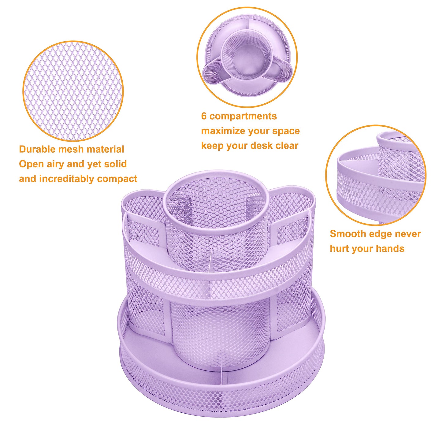 Annova Mesh Desk Organizer Rotate with 6 Compartments Round Spinning Tidy Candy/Pen Holder Desk Accessories Office, Art Supply, Storage, Classroom, Home (Light Purple)