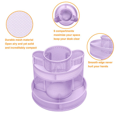 Annova Mesh Desk Organizer Rotate with 6 Compartments Round Spinning Tidy Candy/Pen Holder Desk Accessories Office, Art Supply, Storage, Classroom, Home (Light Purple)