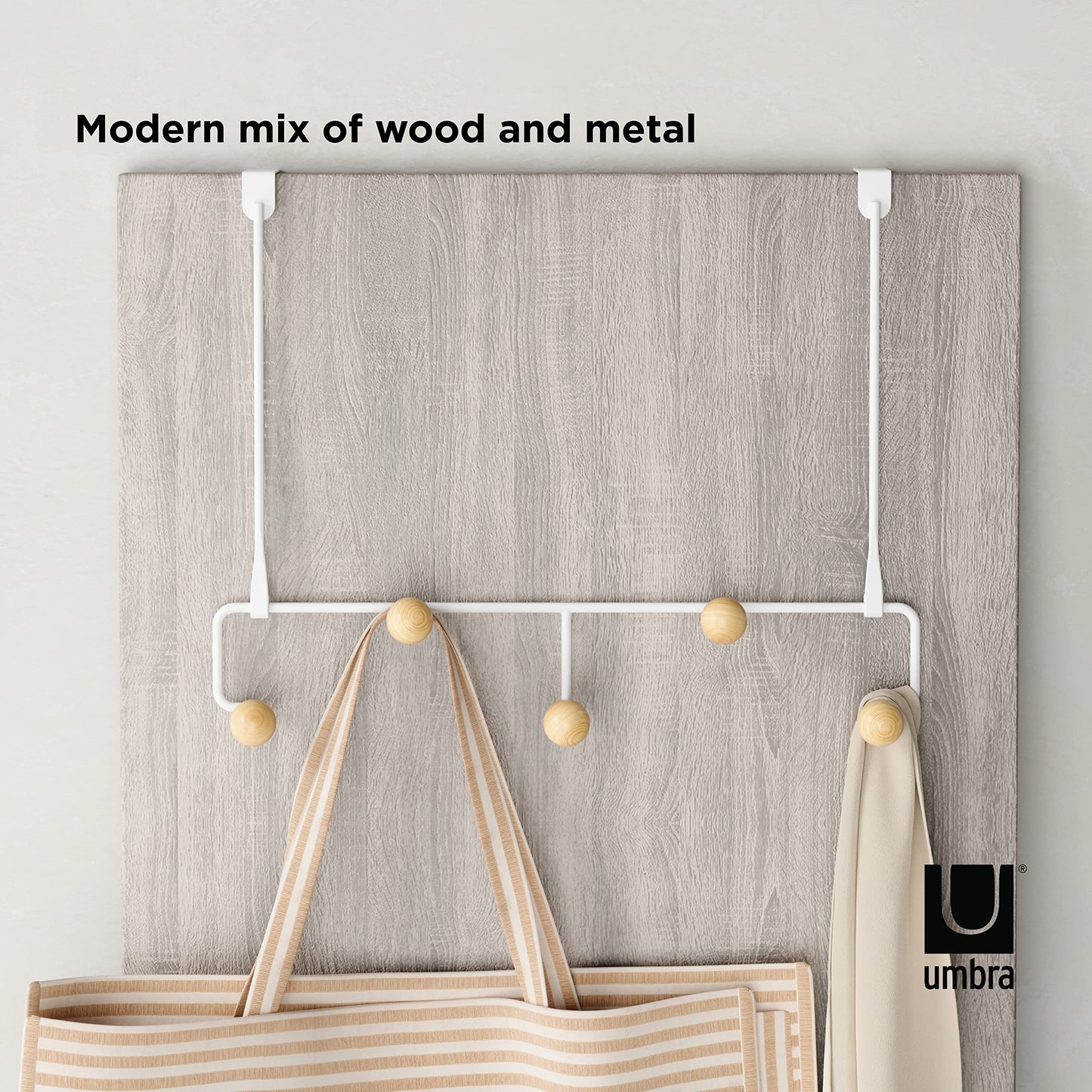 Umbra Estique Over The Door Coat Rack & Multi-Use Organizer, for Coats, Bags, Hats & More, Small, White/Natural