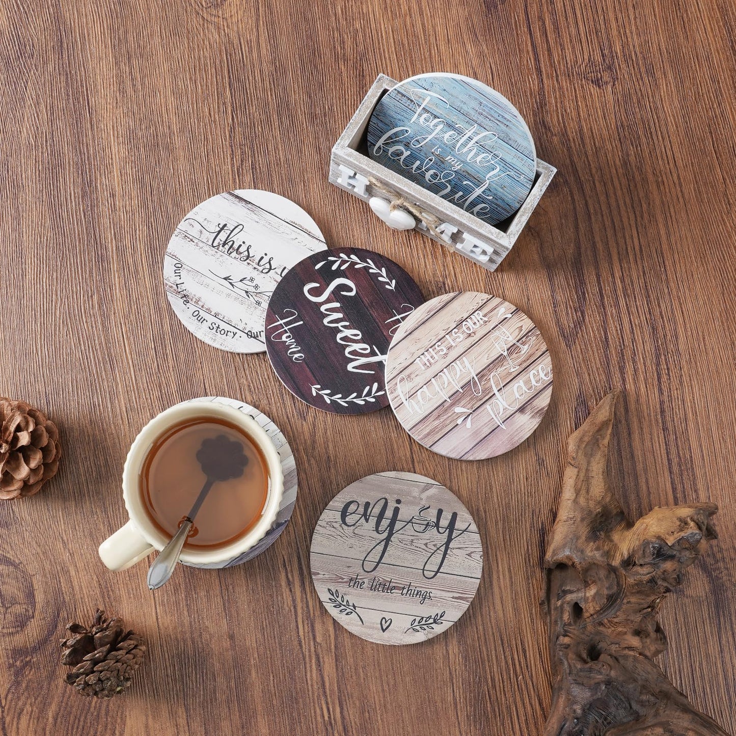 Witwatia Coasters for Drinks 6 Set with Holder, Housewarming Gifts New Home Wood Rustic Farmhouse Coaster with 6 Spoons, Funny Coasters for Coffee Table, Absorbent Drink Coaster for Room Bar Decor