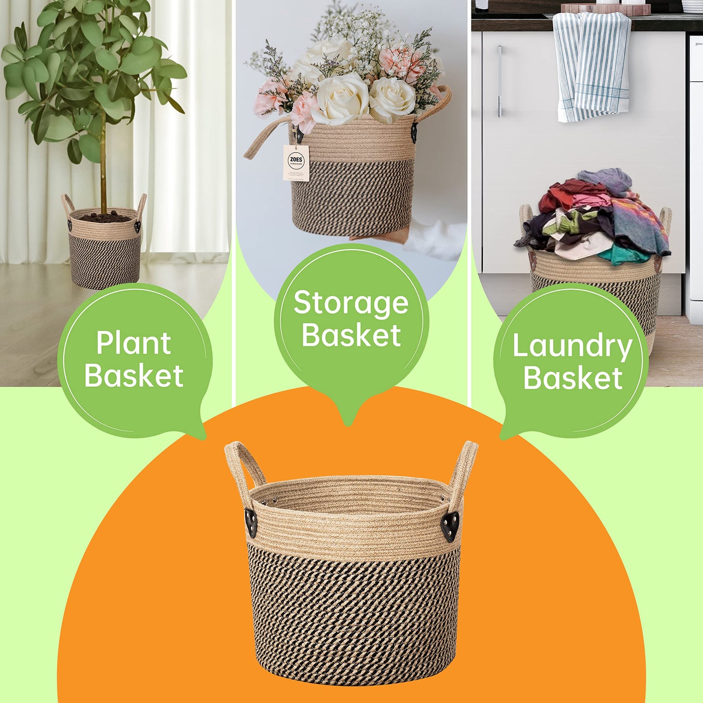 ZOES HOMEWARE Jute Rope Basket 10"x10" Woven With Handles for 7"-10" Pots, Boho Indoor Planters Cover, Multifunctional for Outdoor Plants, Artificial, Picnic, Storage