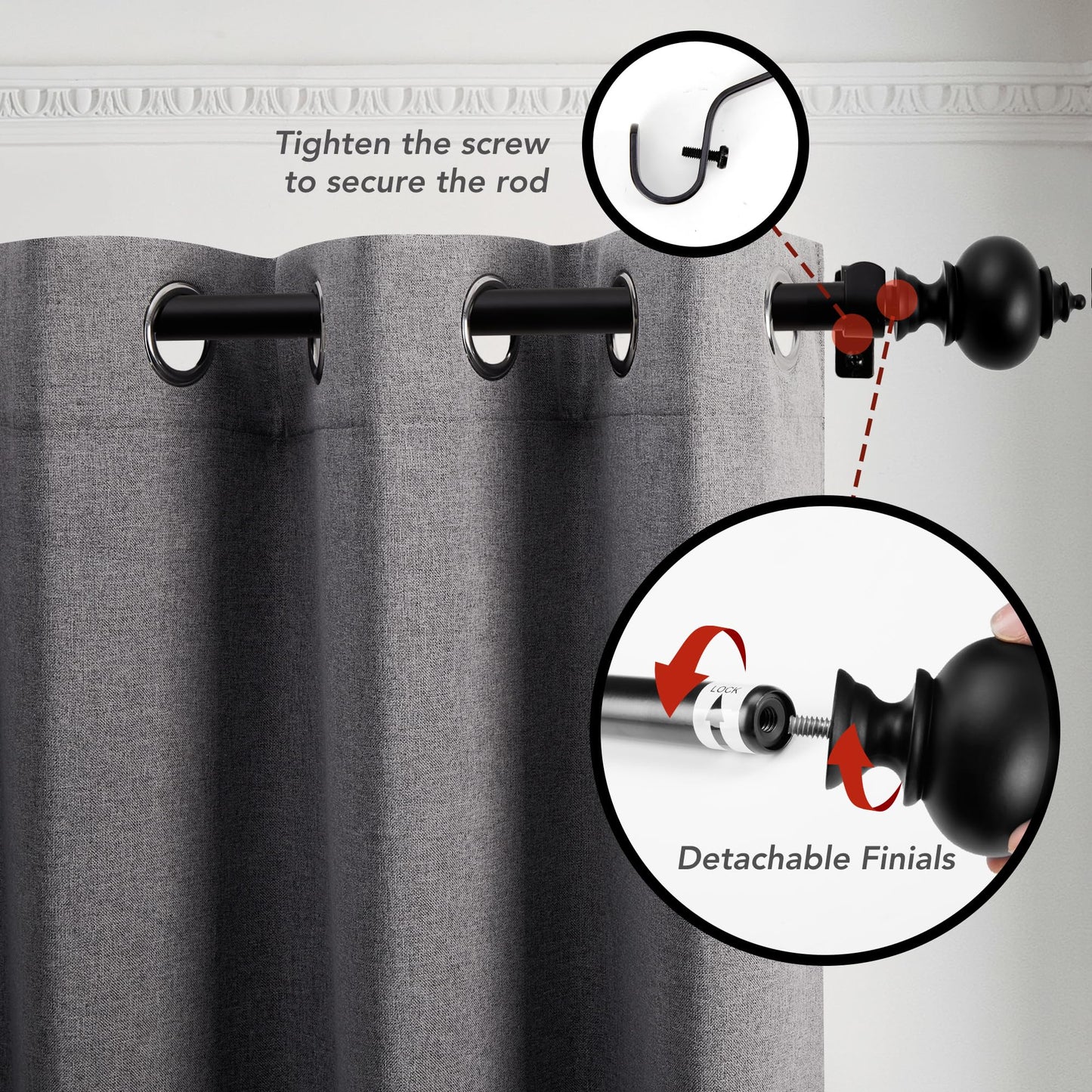 Deconovo Black Curtain Rods for Windows 48 to 84 Inches, Adjustable Decorative Single Window Curtain Rod Set, Curtain Rods 3/4 Inch Diameter Steel Tube with Black Finials