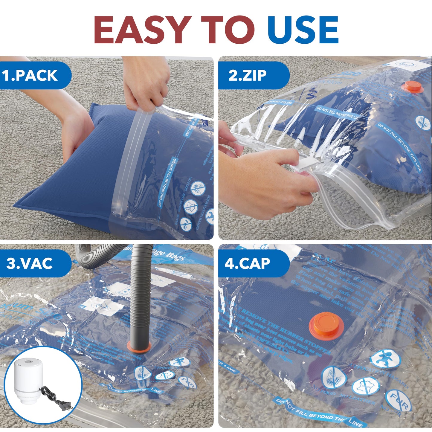 16 Pack Vacuum Storage Bags with Electric Air Pump,4 jumbo, 4 large, 4 midium, 4 small bags, Airtight Compression Bags for Clothes, Pillows, Comforters, Blankets, Bedding