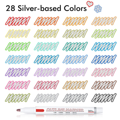 Shuttle Art Double Line Outline Markers, 28 Colors Squiggles Shimmer Markers Set, Self Outline Metallic Marker Pens for Art, Drawing, Doodling, Card Making, Christmas Greeting Card, DIY Crafts
