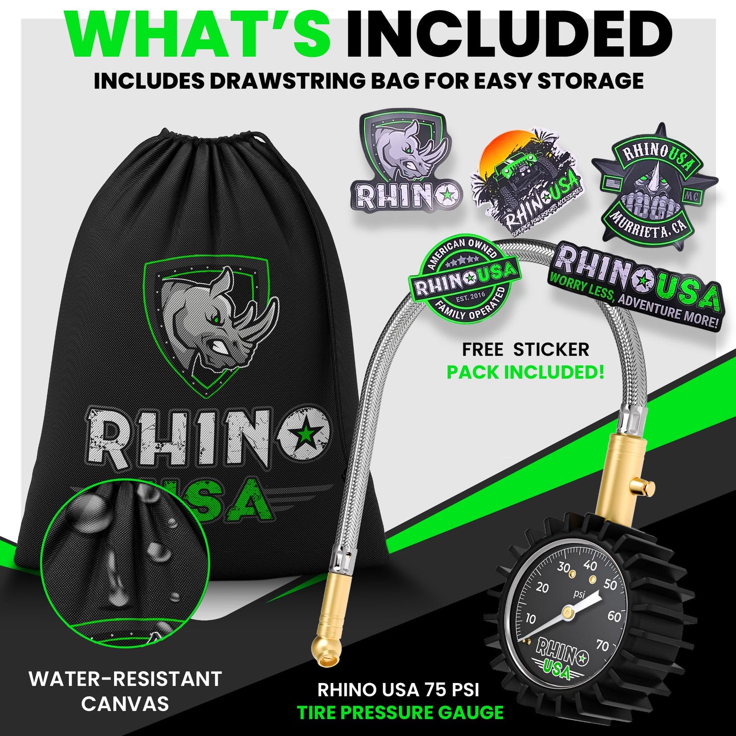 Rhino USA Heavy Duty Tire Pressure Gauge - Certified ANSI B40.1 Accurate, Large 2" Easy Read Glow Dial, Solid Brass Hardware, Best Any Car, Truck, Motorcycle, RV (75psi w/Hose)