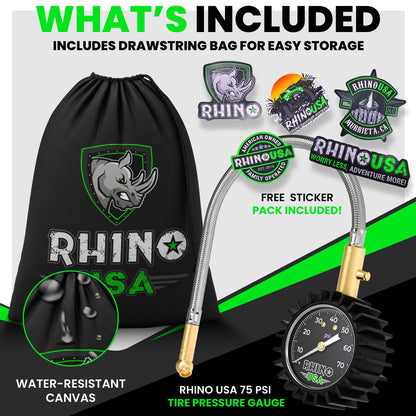 Rhino USA Heavy Duty Tire Pressure Gauge - Certified ANSI B40.1 Accurate, Large 2" Easy Read Glow Dial, Solid Brass Hardware, Best Any Car, Truck, Motorcycle, RV (75psi w/Hose)