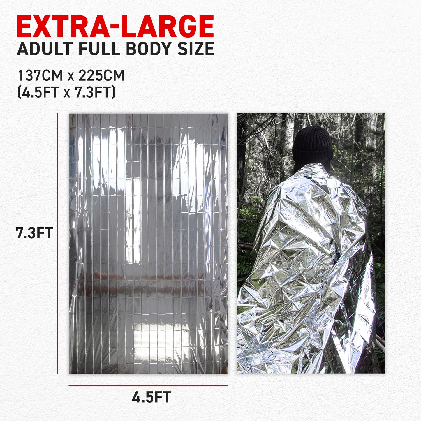 72 HRS (Pack of 12) MIL-SPEC 137 × 224 cm Emergency Blanket-Mylar Blanket, Thermal Blanket Emergency, Waterproof, Retains 90% Body Heat for Winter Camping, Hiking, First Aid, Extreme Weather