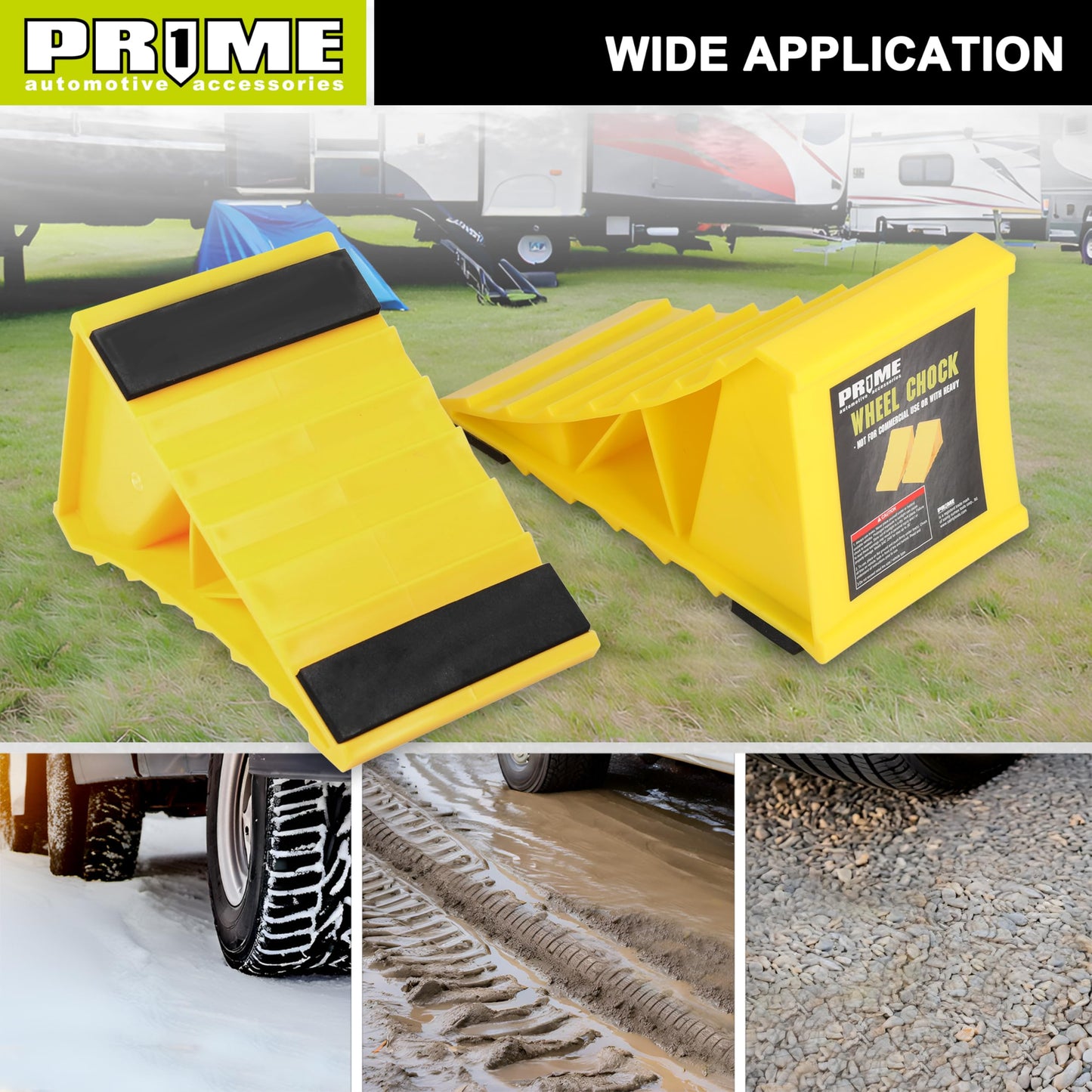 PR1ME Wheel Chocks with Non-Slip Base for RV & Trailer. 2 Pack Safety Wheel Chock with Bright Yellow. Lightweight Wheel Stoppers for Cars Camper Trucks RVs, Fit for Most Tyre Sizes