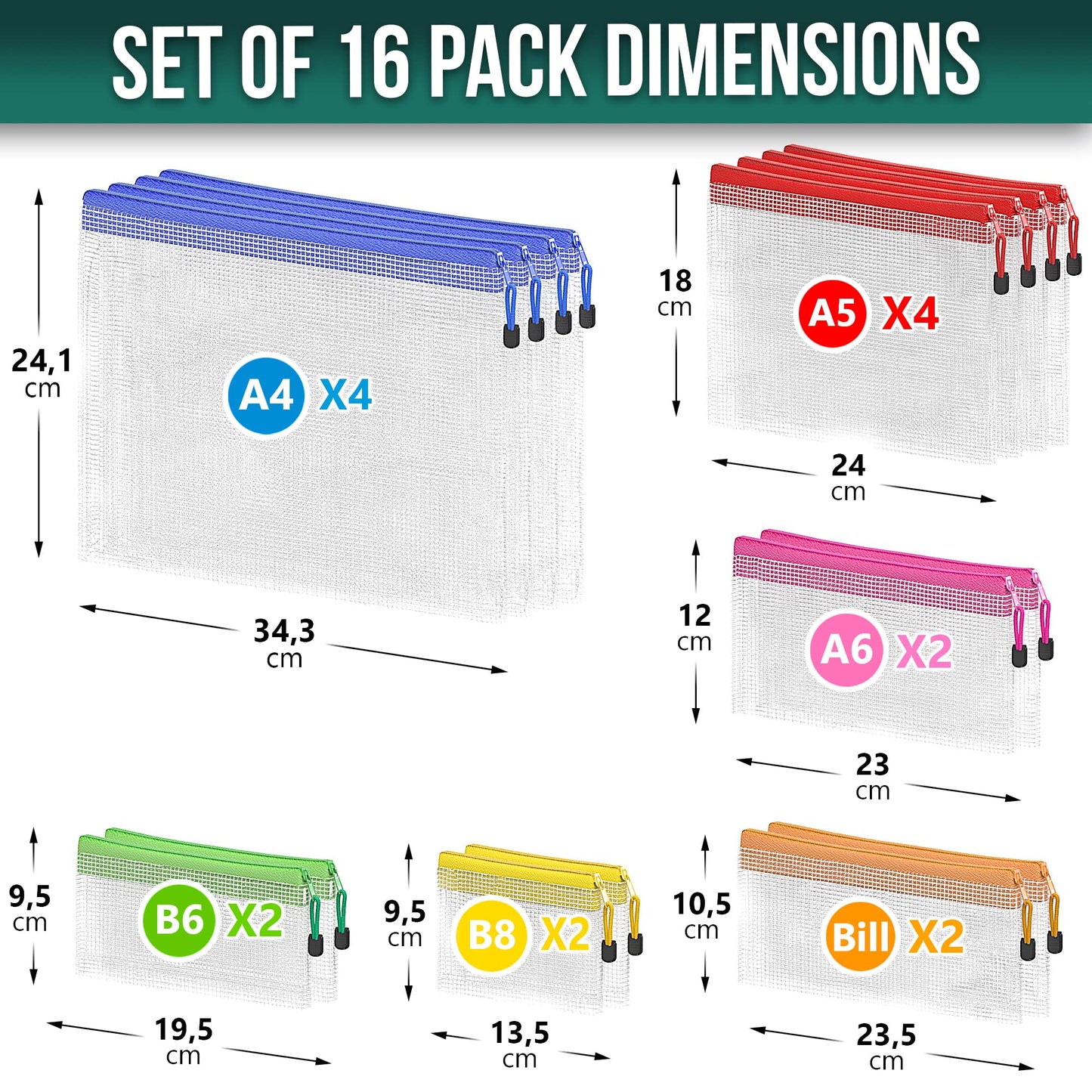 16 Pack Assorted Sizes Plastic Mesh Zipper Pouches Set for Storage Document Bags with Zippers