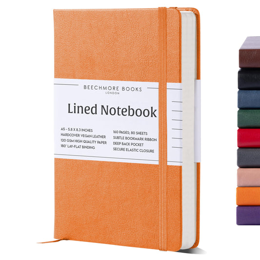 BEECHMORE BOOKS Lined Journal Notebook, 5.8" x 8.3", A5 160 Lined Pages, Hardcover Leather Journals for Women, Men, Writing and Notebooks for Work - 120 GSM Thick Paper, Gifts Box Included
