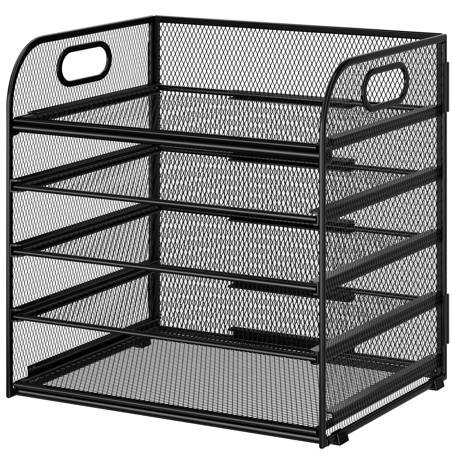 5 Tier Paper Desk Organizer with Handle and 1 Pcs Slideable Letter Tray, A4 Paper File Folder Sorter Metal Mesh Organizer for Home Office School Desk Supplies Organization Storage - Black