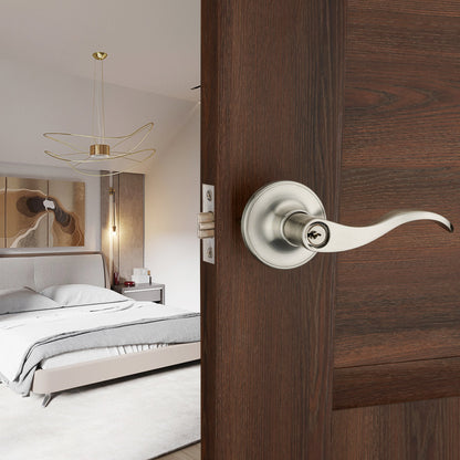1 Pack of HENYIN Wave Lever Keyed Entry Door Lock/Door Knob Hardware Handle and Closet Lockset, Silver Color, with Key,Right Hand(805SN-R)