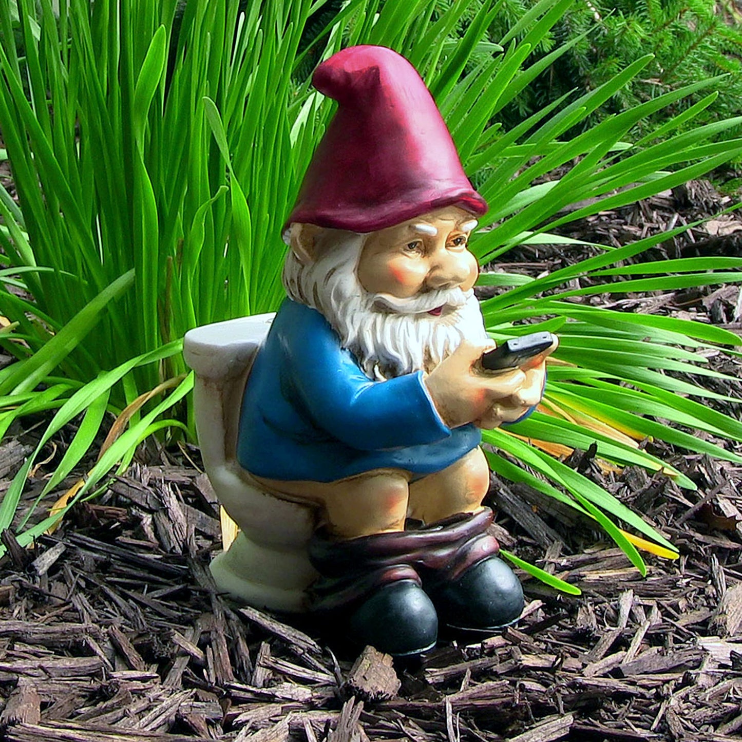 Sunnydaze 9.5" Cody The Funny Garden Gnome - Outdoor Gnome on The Throne Reading His Phone - Yard, Patio, Lawn, and Outdoor Decor