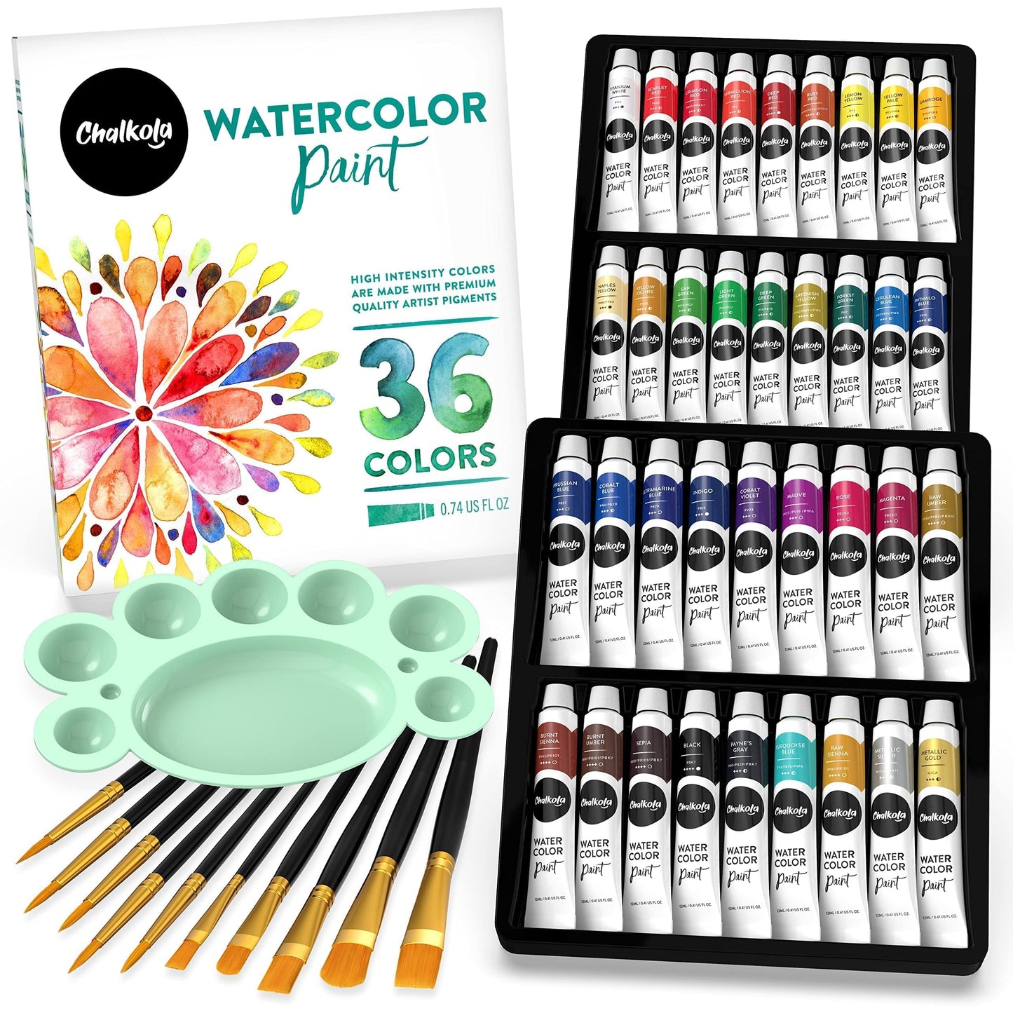 Chalkola Watercolor Paint Kit for Adults - 36 Watercolor Tubes (12ml, 0.4oz), 10 Painting Brushes & 1 Palette - Water Colour Paint Set for Beginners & Professional Artists | Watercolour Supplies