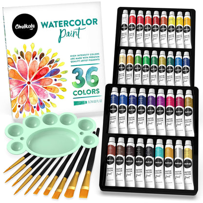 Chalkola Watercolor Paint Kit for Adults - 36 Watercolor Tubes (12ml, 0.4oz), 10 Painting Brushes & 1 Palette - Water Colour Paint Set for Beginners & Professional Artists | Watercolour Supplies