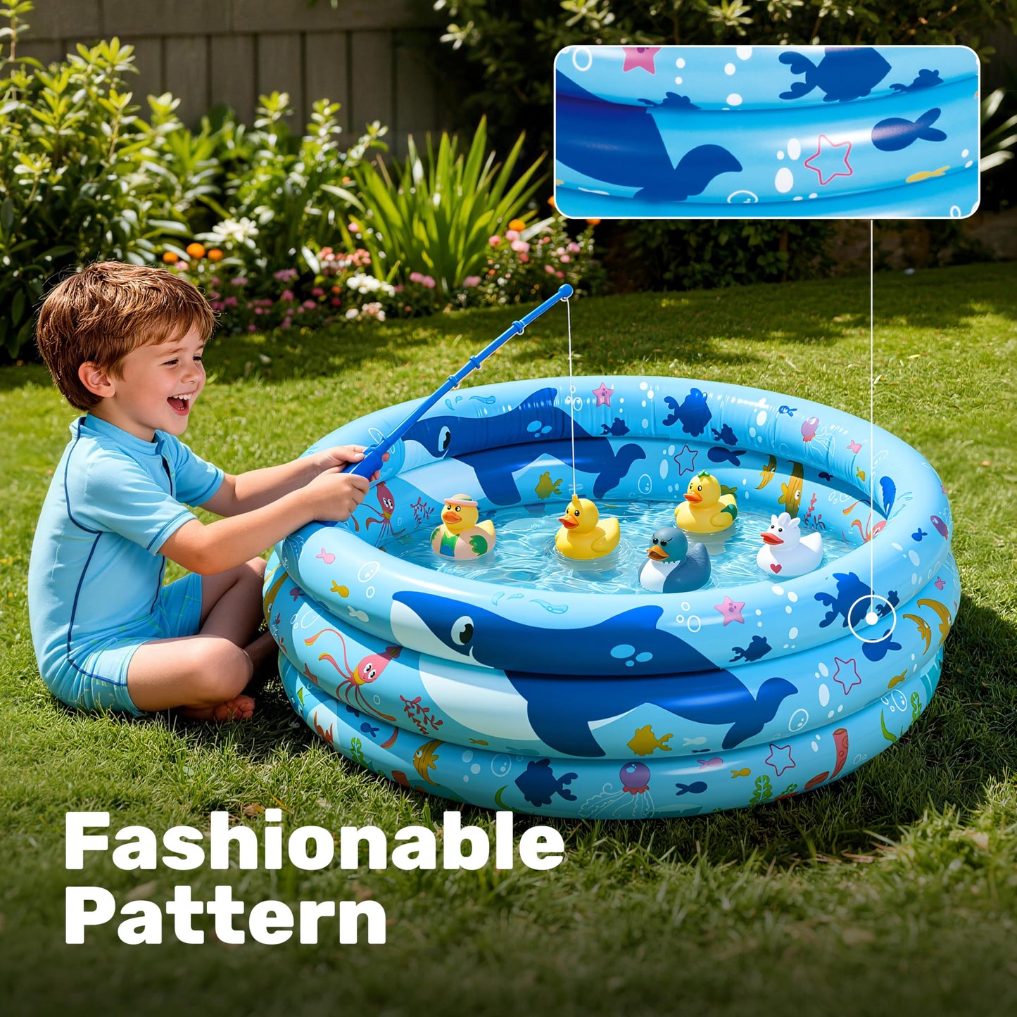 Sloosh Inflatable Kiddie Pool, 34"x10" Blow Up Kids Pool, 3 Rings Blue Baby Pool for Toddler, Kid Swimming Pool Play Pit for Dog with Ocean Whale Pattern for Summer Water Party Backyard Garden(Whale)