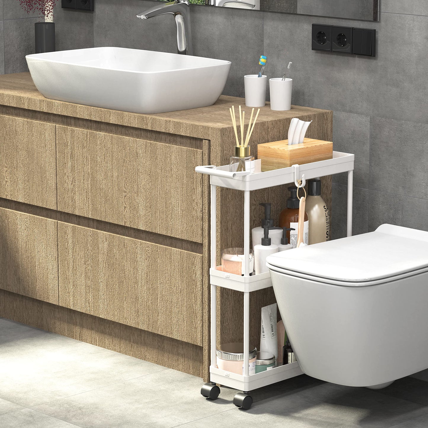 Simple Houseware 3-Tier Slim Rolling Cart with Handle and Hooks for Narrow Storage Places in Bathroom, Laundry and Kitchen, White