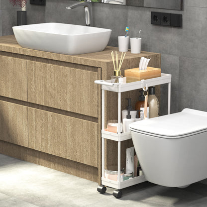 Simple Houseware 3-Tier Slim Rolling Cart with Handle and Hooks for Narrow Storage Places in Bathroom, Laundry and Kitchen, White