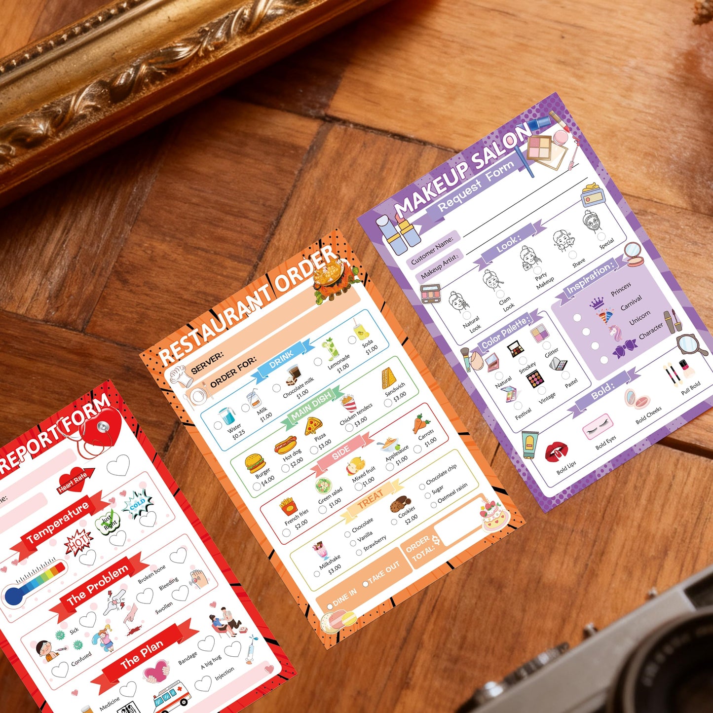 Pretend Play Notepads 6 Pack Playtime Pads Pretend Notebooks Imaginative Restaurant Doctor Police Vet Dentist Role Play Game Notepads for Boys & Girls