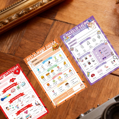 Pretend Play Notepads 6 Pack Playtime Pads Pretend Notebooks Imaginative Restaurant Doctor Police Vet Dentist Role Play Game Notepads for Boys & Girls