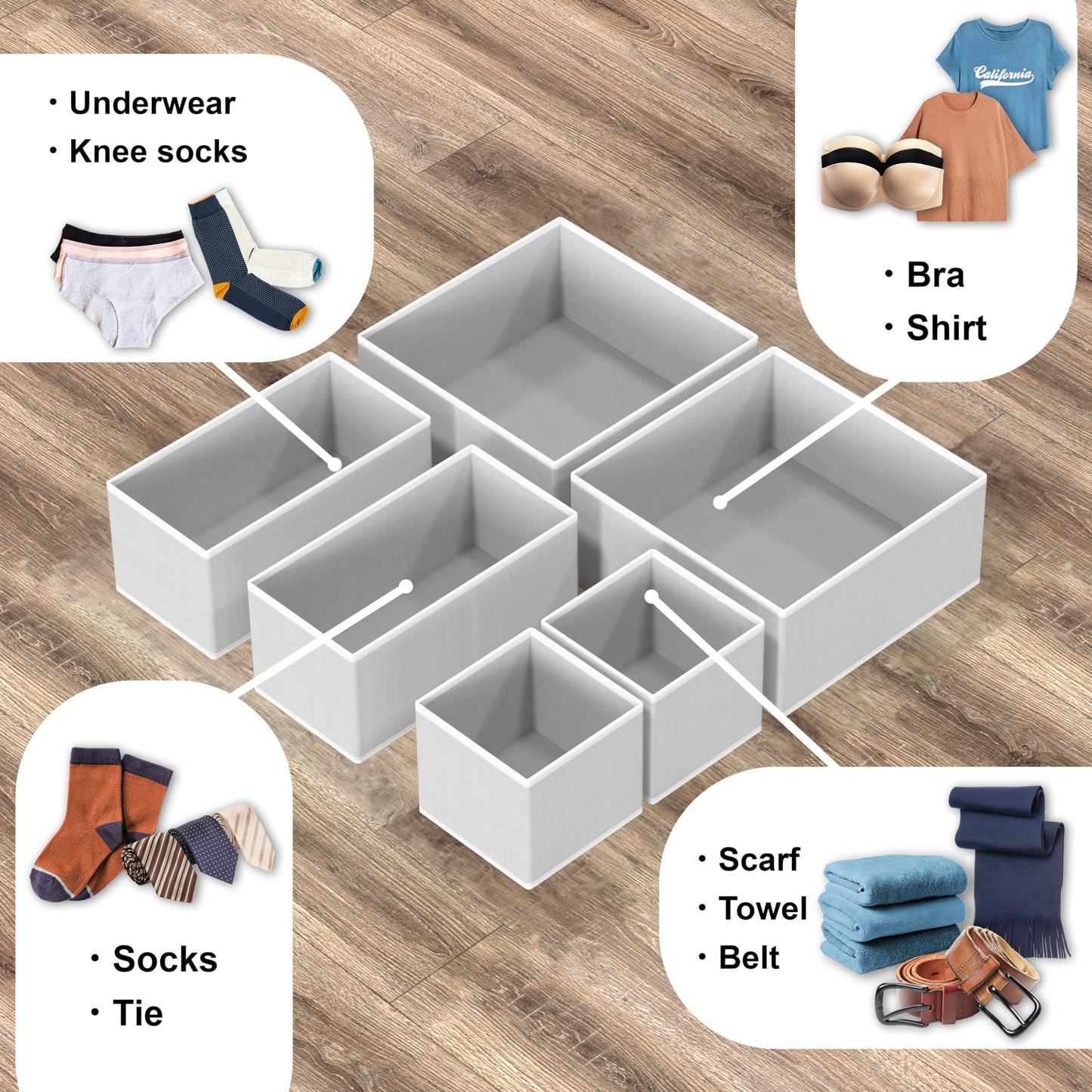 Simple Houseware Foldable Storage Basket Box Closet Dresser Drawer Divider Bins Organizer for Clothes,Underwears, Bras, Set of 6, Grey