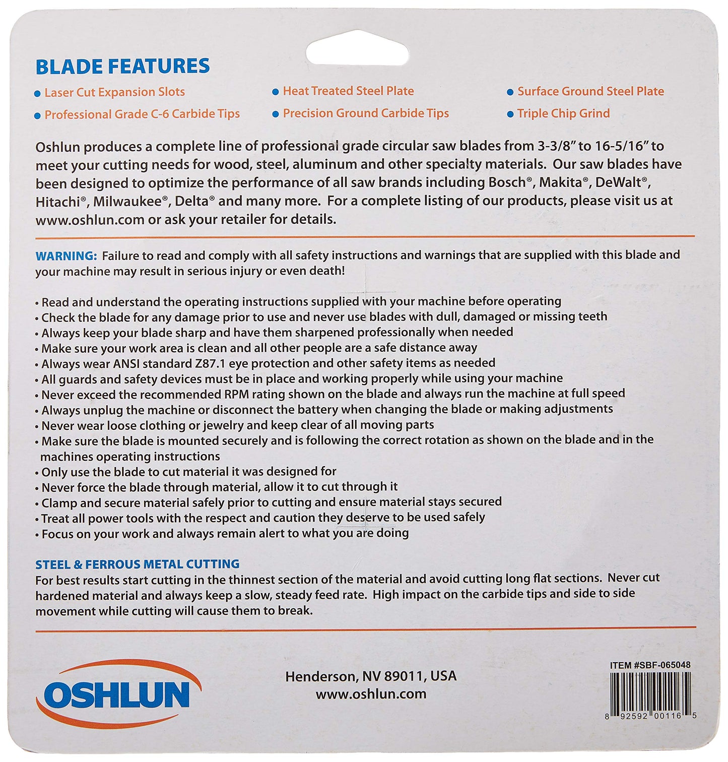 Oshlun SBF-065048 6-1/2-Inch 48 Tooth TCG Saw Blade with 5/8-Inch Arbor (Diamond Knockout) for Mild Steel and Ferrous Metals