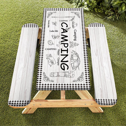 Caknowow Picnic Table Cover Fitted with Bench Covers Camping Tablecloth Waterproof Picnic Table Covers with Elastic Reusable Fabric Camping Table Cover for 6 Foot Picnic Tables