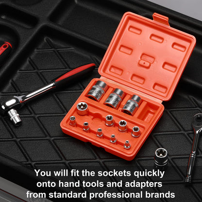 CASOMAN 14 Pieces Female E-TORX Star Socket Set, Female External Star Socket Set, E4 - E24 Torque Socket Set, 1/4" Dr. 3/8" Dr. 1/2" Dr.