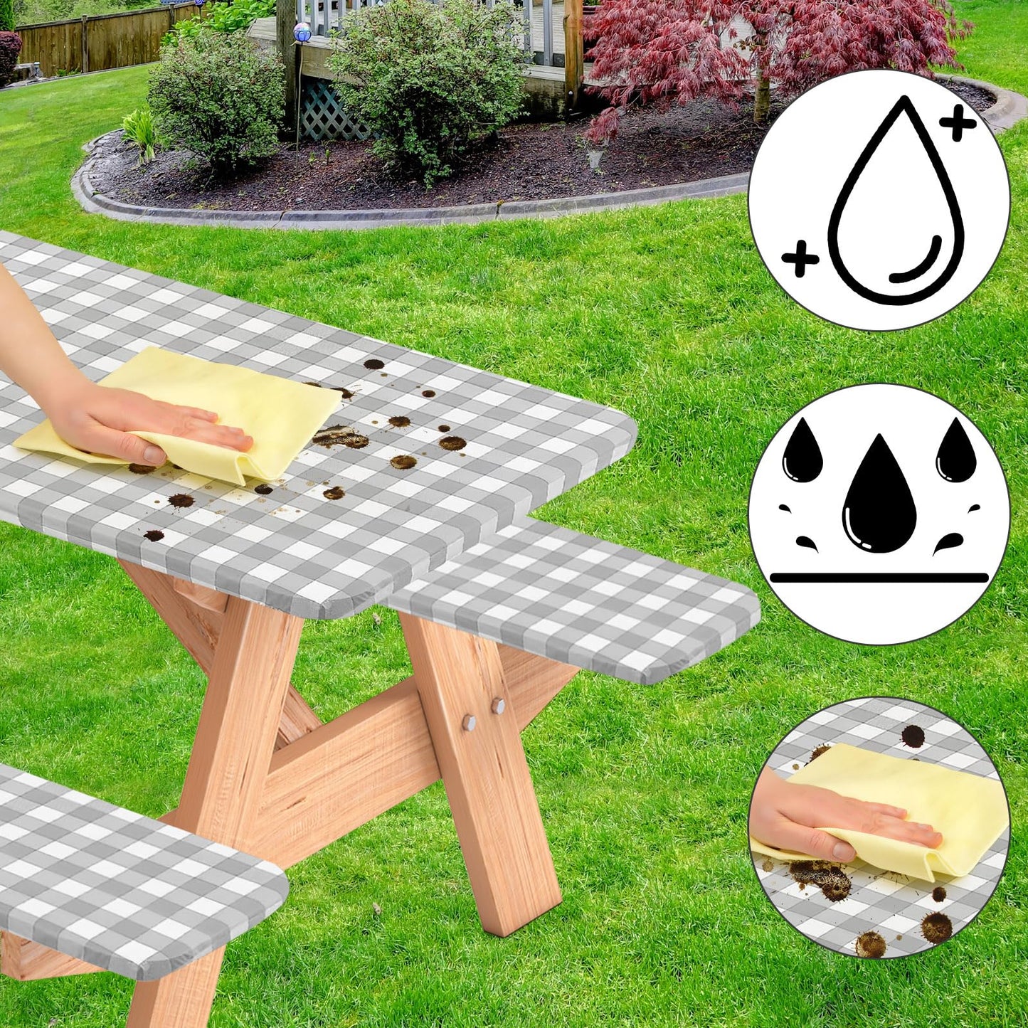 BOUBONI 3 Pcs Set Fitted Picnic Table Cover with Bench Covers and Bag Vinyl Camping Table Cloth Flannel Backing Picnic Table Cloth for 6ft Tables Camping Outdoor (Gray Checked, 30 x 72 Inches)