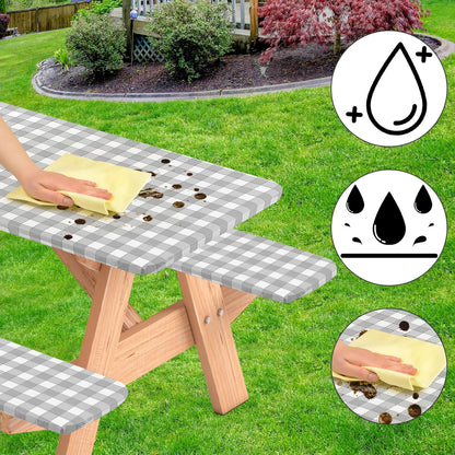 BOUBONI 3 Pcs Set Fitted Picnic Table Cover with Bench Covers and Bag Vinyl Camping Table Cloth Flannel Backing Picnic Table Cloth for 6ft Tables Camping Outdoor (Gray Checked, 30 x 72 Inches)