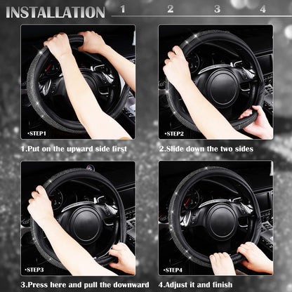 CAR PASS Diamond Black Leather Steering Wheel Cover, with Bling Crystal Rhinestones Universal Fit 14" 1/2-15" Crystal Glitter for Women Sparkle Girl Fit Suvs,Vans,Sedans,Cars,Trucks, White Diamond