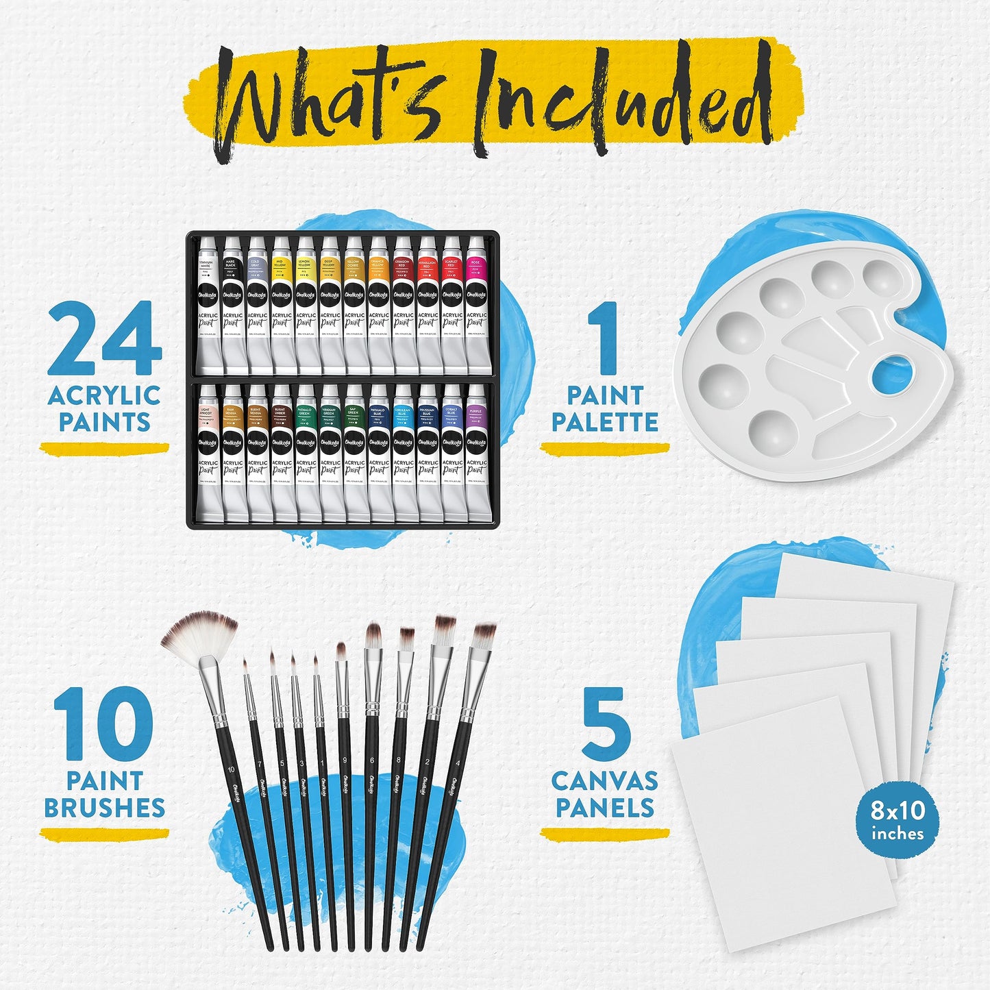 Chalkola 40 Acrylic Paint Set for Adults with 24 Acrylic Paints kit (22ml), 10 Painting Brushes, 5 Canvas for Painting (8x10) & 1 Palette