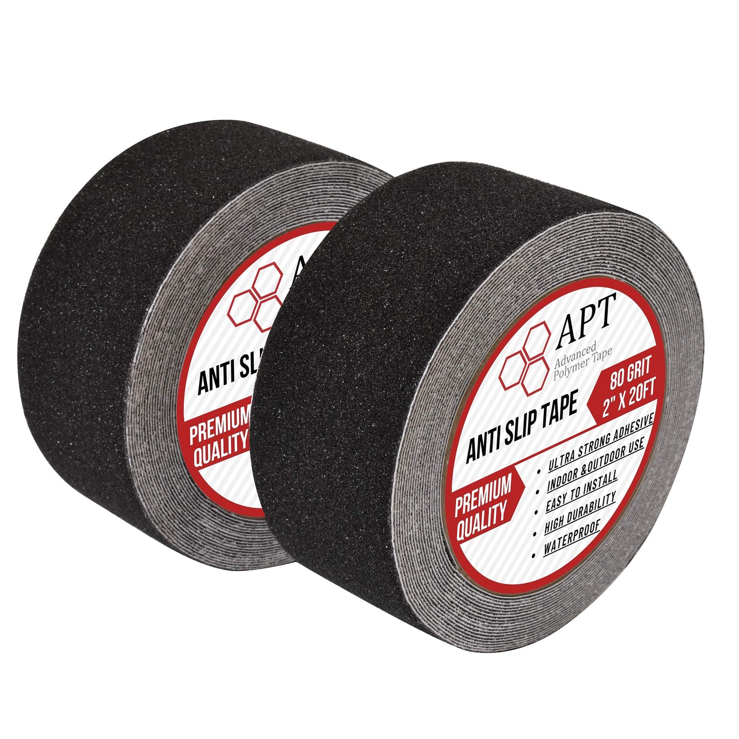 APT Anti Slip Traction Tape, 80 Grit, Waterproof, Strong Traction Grip Tape, Non Skid, Safety Walk Tape, Stairs Anti Slip, Baby/Elder/Pet/Indoor/Outdoor, Black. (2 Rolls, 2'' X 20Ft)