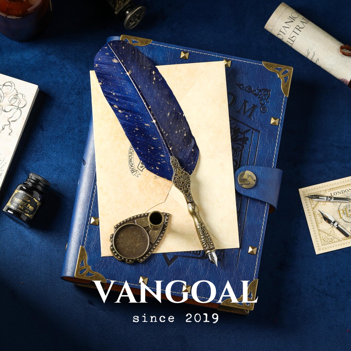 VANGOAL Vintage Carving Feather Pen Set, Glittering Quill Set Antique Calligraphy Writing Dip with Ink, 2 Replacement Nibs, Stand Base, Luxury Signature (Blue)
