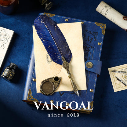 VANGOAL Vintage Carving Feather Pen Set, Glittering Quill Set Antique Calligraphy Writing Dip with Ink, 2 Replacement Nibs, Stand Base, Luxury Signature (Blue)
