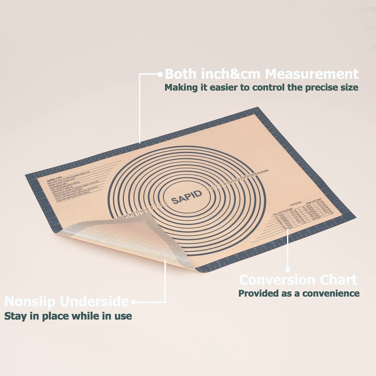 Sapid Extra Thick Silicone Pastry Mat Non-slip with Measurements for Non-stick Silicone Baking Mat Extra Large, Dough Rolling, Pie Crust, Kneading Mats, Countertop, Placement Mats (20 inch x 28 inch ,Gray)