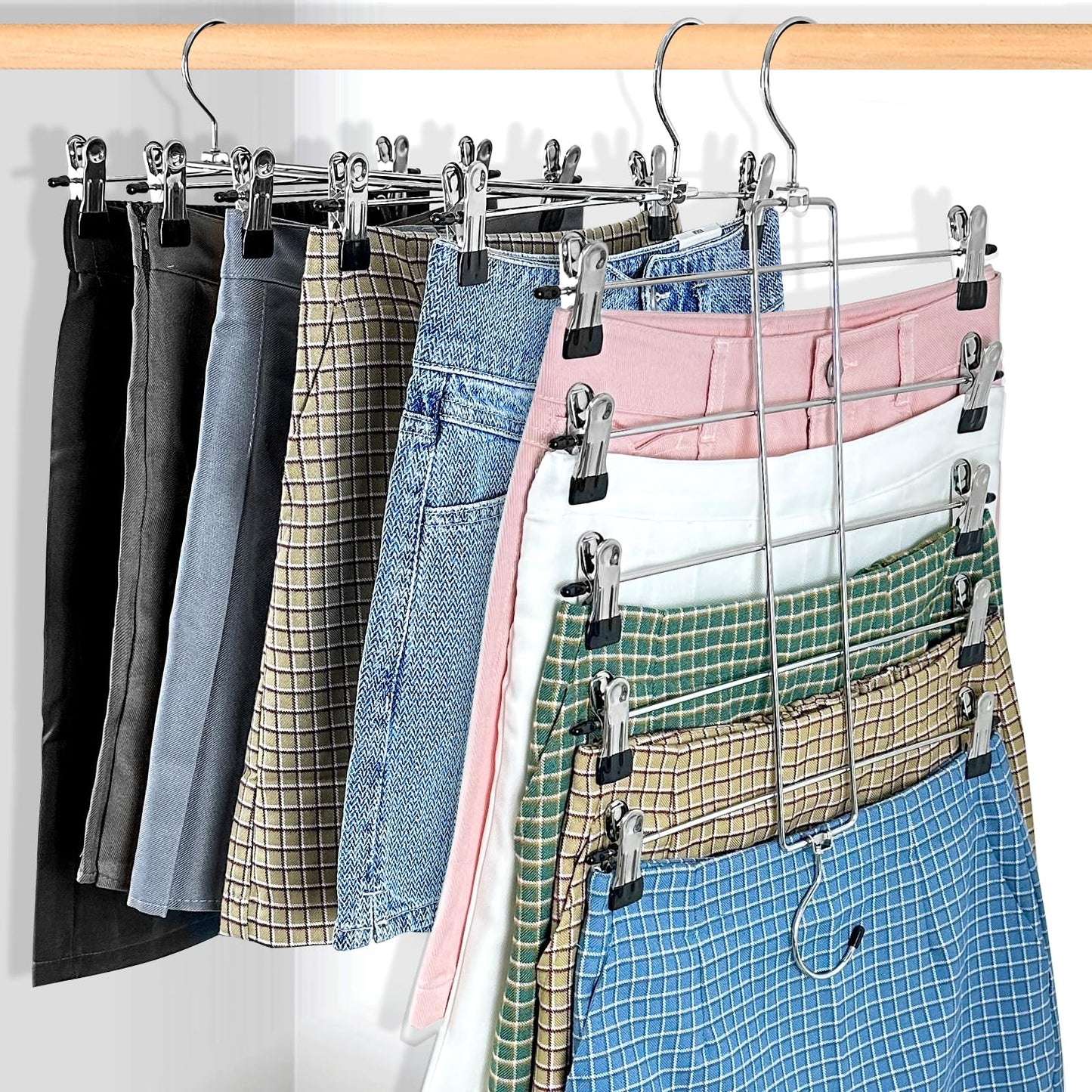 3 Piece Skirt Hanges Space Saving, Pants Hangers with Clips 5 Tier,Closet Organizers and Storager,Clothes Hanger Space Saver,Closet Organization for Skirt,Trousers,Jeans,Legging