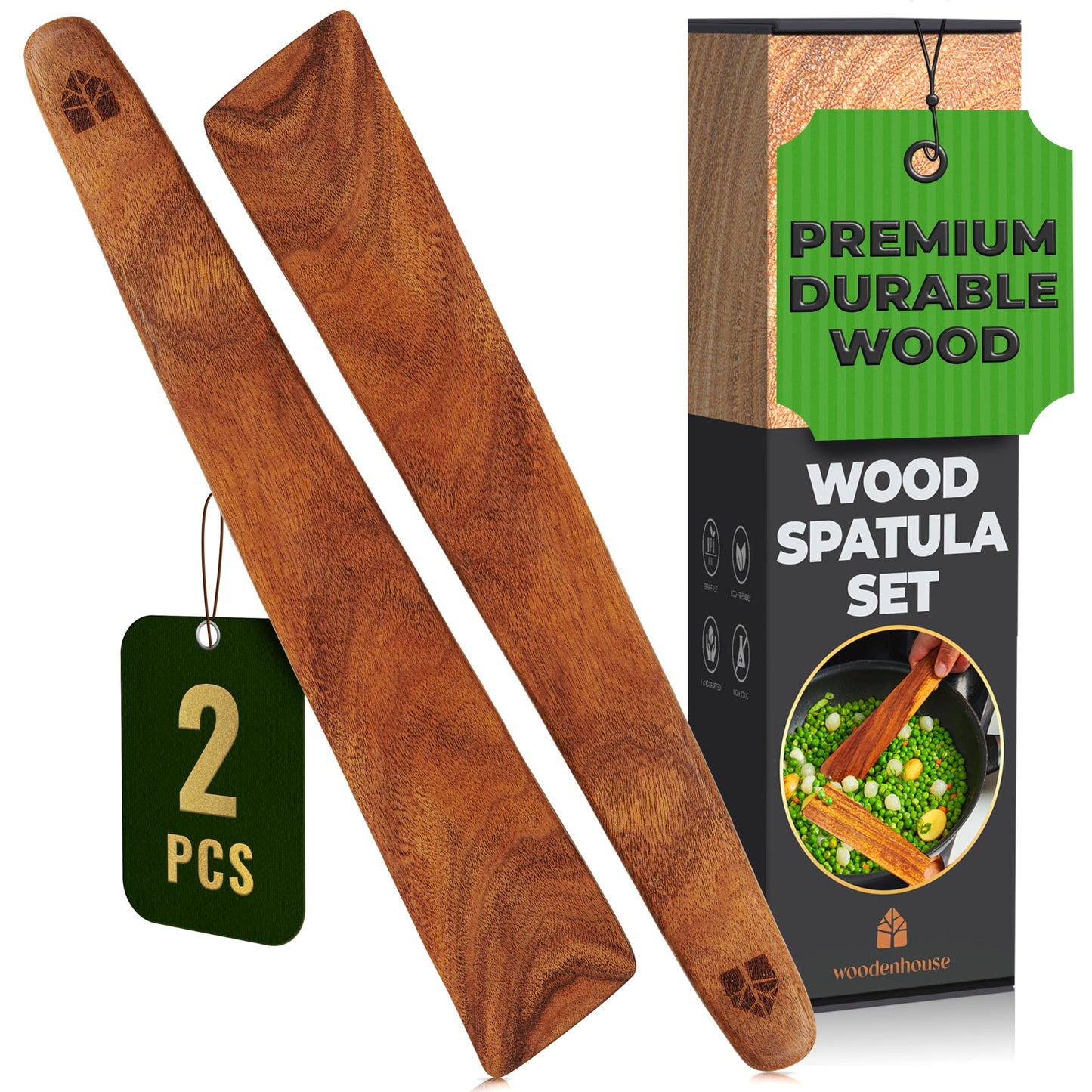 12″ Teak Wooden Spatula for Cast Iron, Small Wood Flipper, Egg Scraper, Flat Wooden Turner, Multipurpose Wood Cooking Utensil, Spatulas Perfect for Flipping, Serving, Scraping & Turning - Set of 2