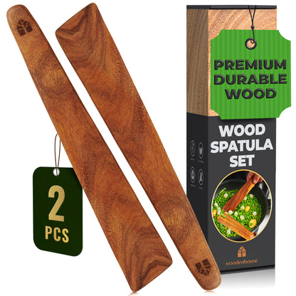 12″ Teak Wooden Spatula for Cast Iron, Small Wood Flipper, Egg Scraper, Flat Wooden Turner, Multipurpose Wood Cooking Utensil, Spatulas Perfect for Flipping, Serving, Scraping & Turning - Set of 2