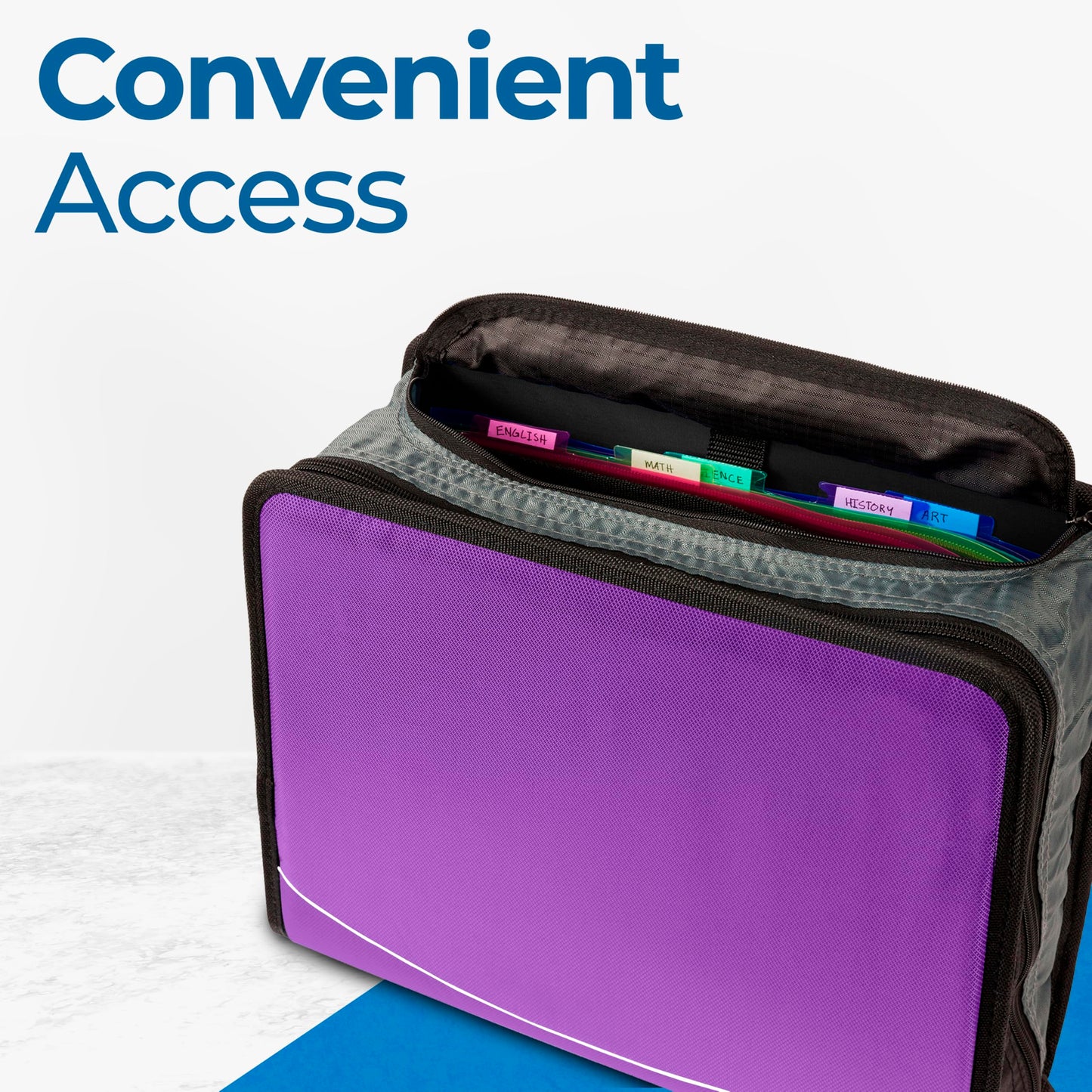Case-it The Mighty Zip Tab Zipper Binder - 3 Inch O-Rings - 5 Color Tab Expanding File Folder - Multiple Pockets - 600 Sheet Capacity - Comes with Shoulder Strap - Deep Purple D-146