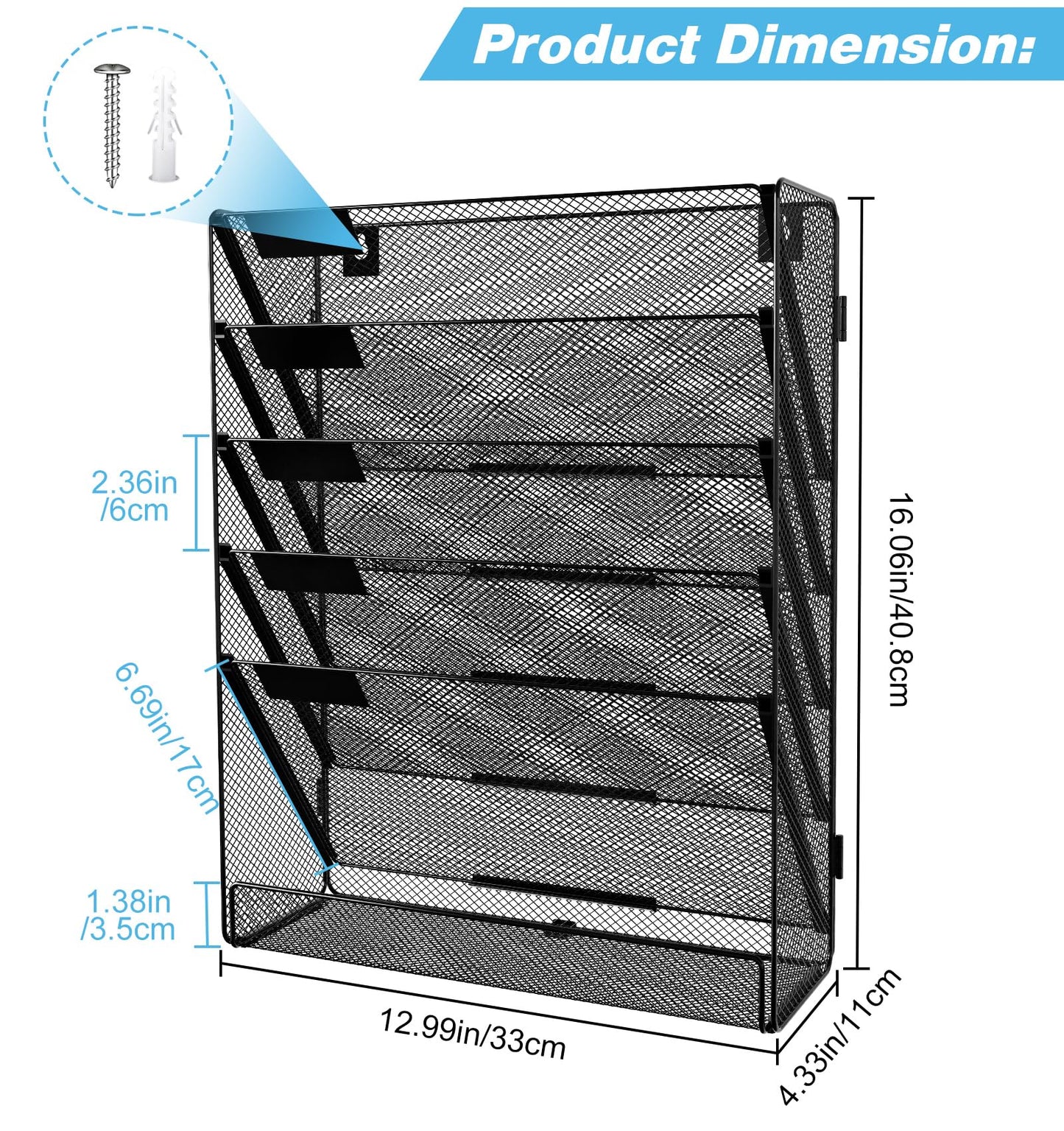 Solinxe Wall File Holder 6 Tier Hanging File Folder Organizer Desk Paper Magazine Document Rack, Black