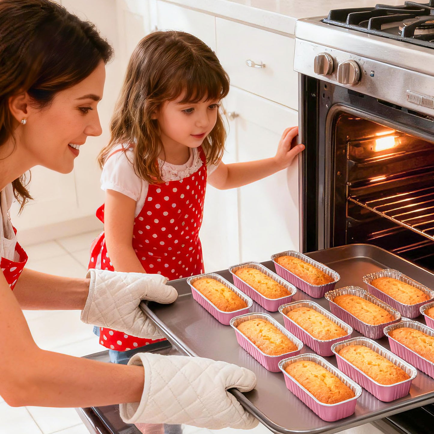 Valentines Gifts NPLUX Mini Loaf Pans with Lids and Spoons Rectangular Aluminum Foil Baking Pans Mini Cheesecake Containers 6.8oz(60 Pack, Pink)