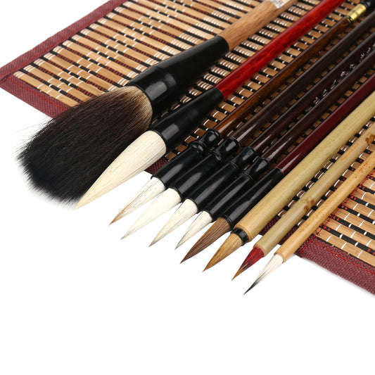 Corciosy Shanlian Hubi Writing Brush Watercolor Chinese Calligraphy Brush Set Kanji Japanese Sumi Painting Drawing Brushes 10 piece/set+Roll-up Bamboo Brush Holder