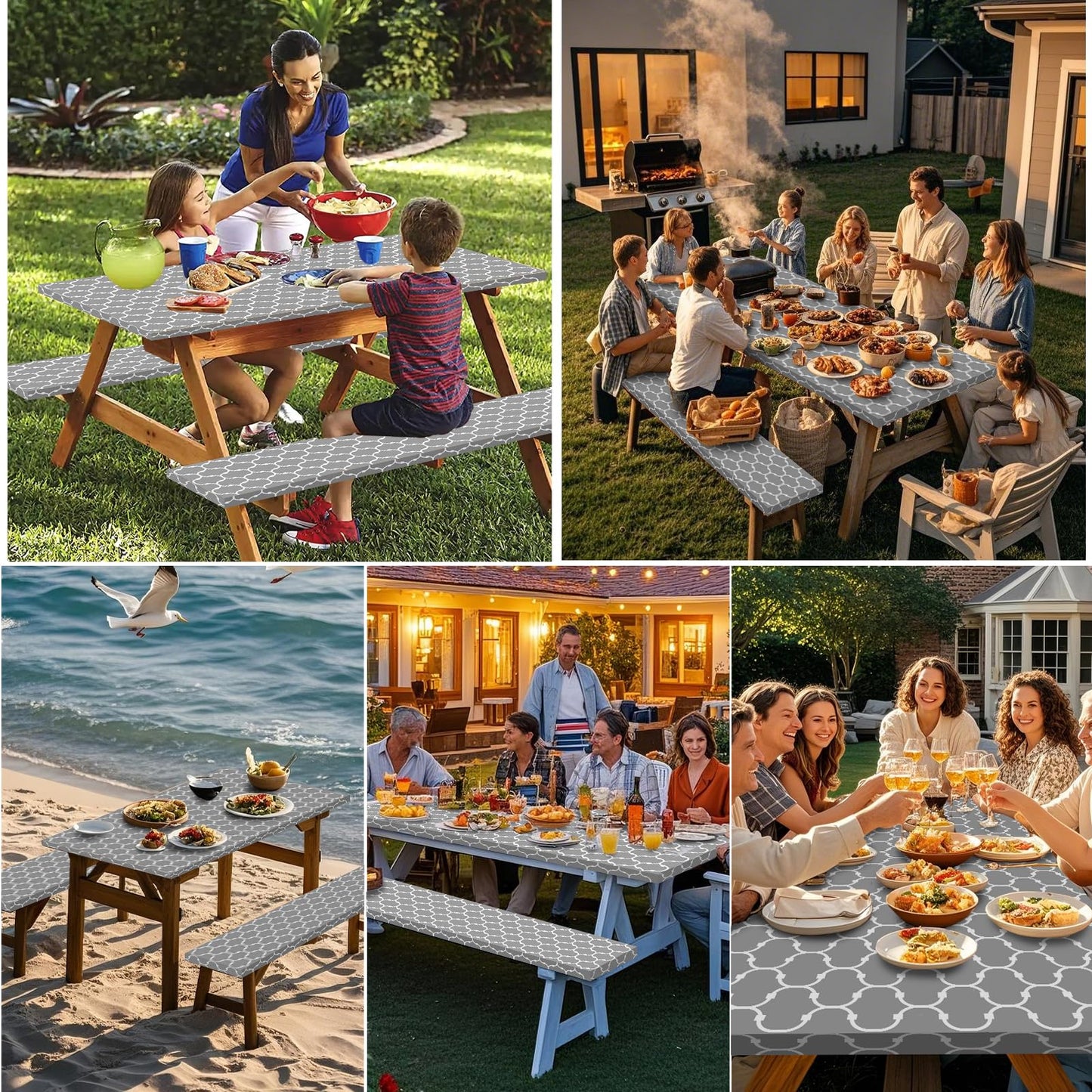 3 PCS Picnic Table Cover with Bench Covers Waterproof Camping Tablecloth Flannel Backing Elastic Edge Wipeable Plastic Cover Vinyl Tablecover Fitted 30''x72'' Rectangle Tables (Grey Moroccan, 6 FT)