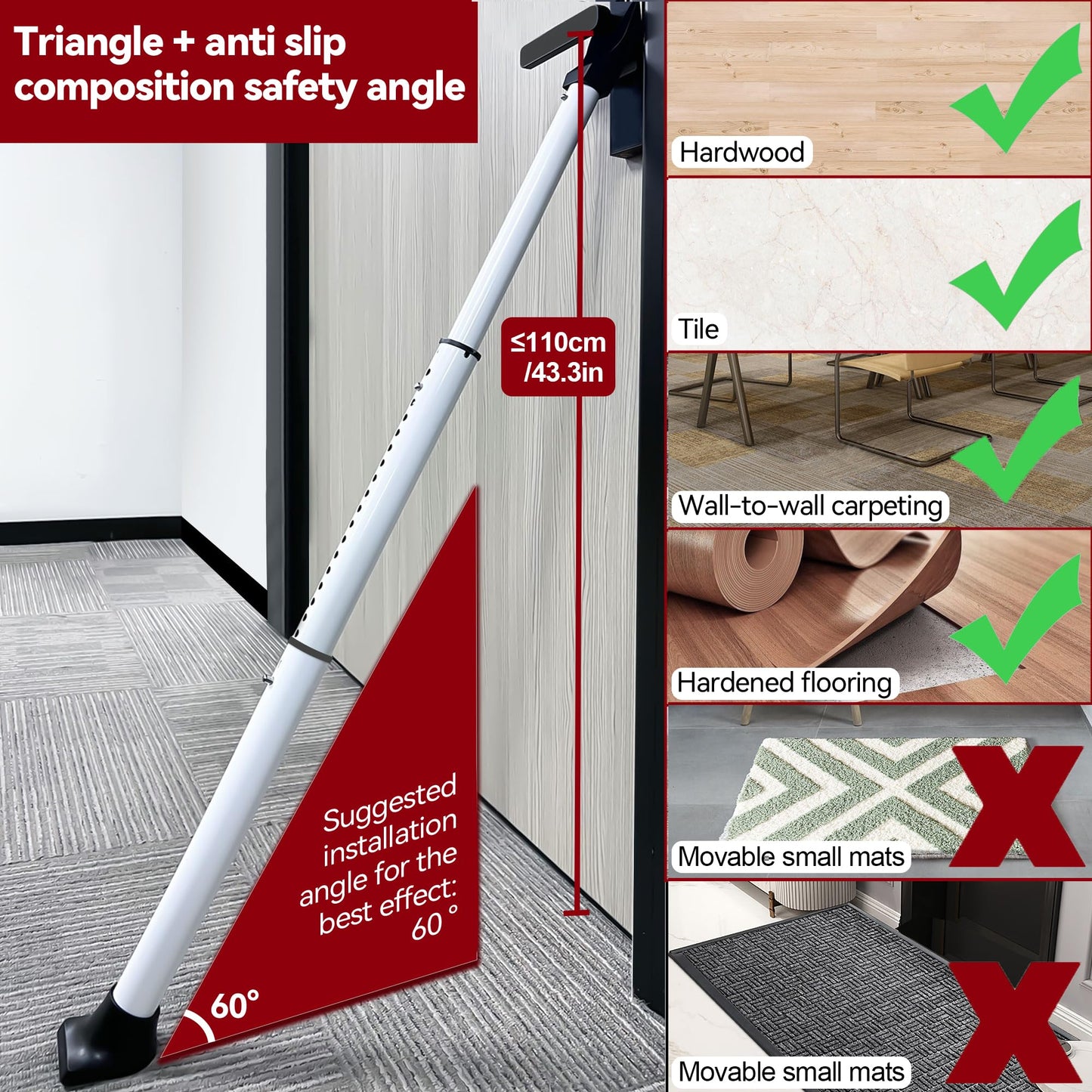 AceMining Upgraded Door Security Bar & Sliding Patio Door Stopper, Heavy Duty Adjustable Door Jammer for Home, Apartment, Travel (1 Pack, White)