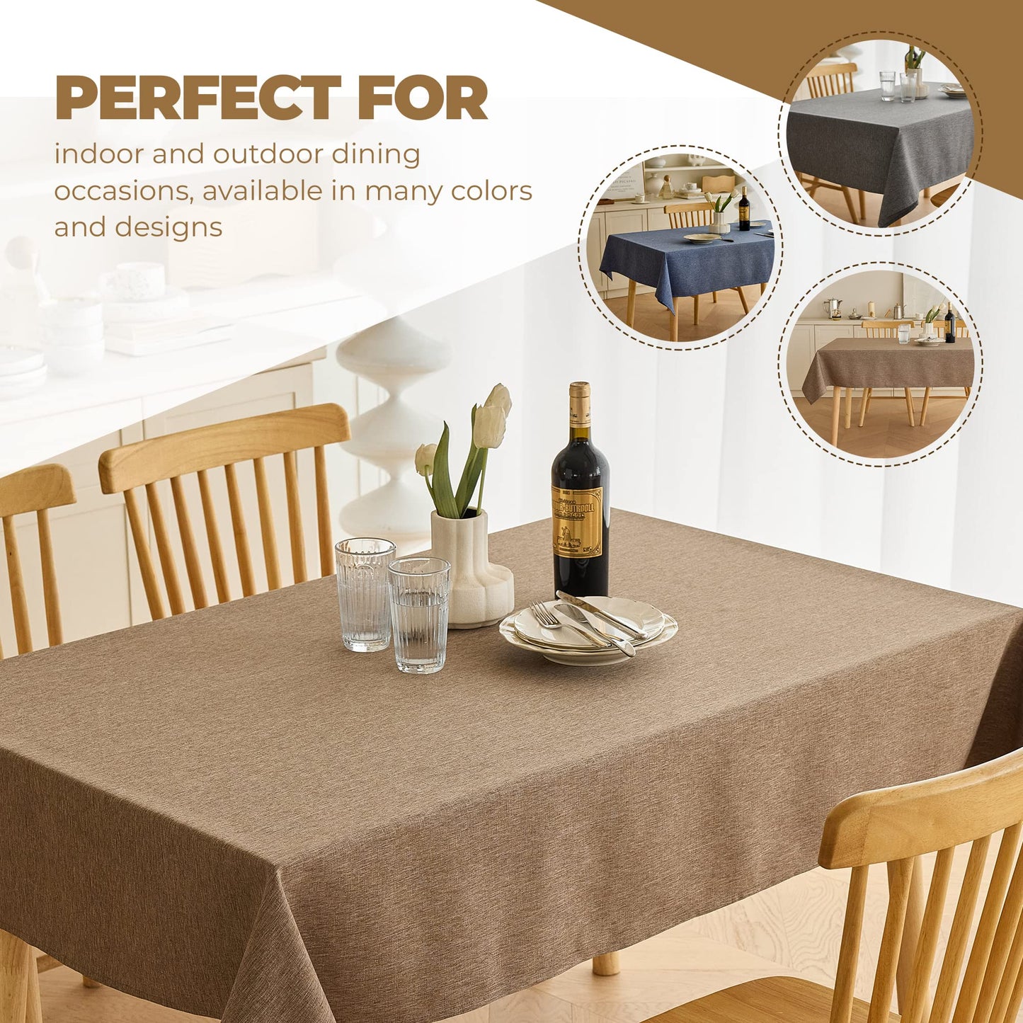 Decorelia Waterproof Rectangular Linen Tablecloth for Dining Room, Rustic Farmhouse Tablecloth for Room Decor, Tablecloth for Party, Wedding, Picnics, Patio(Oblong, 52 x 70 inch (Rectangular), Coffee)