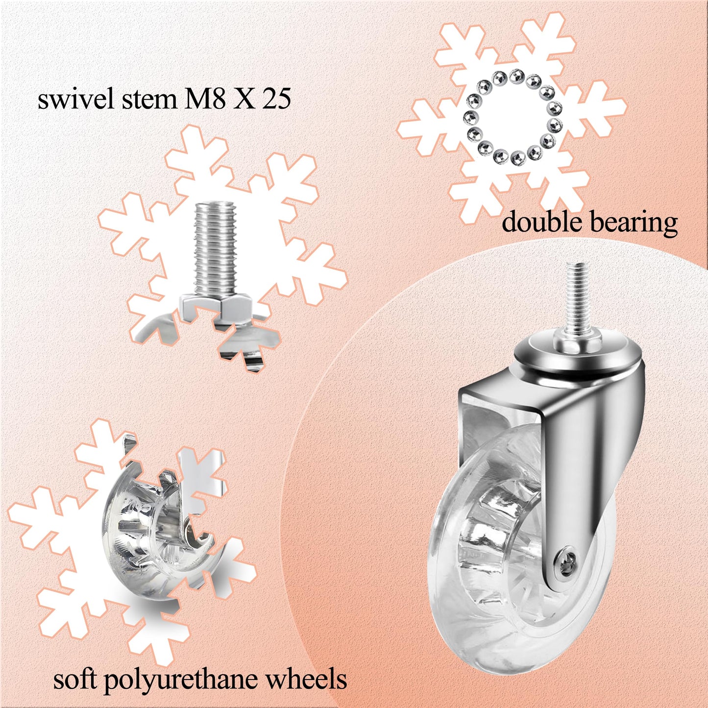 Stem Casters Set of 4, 3 Inch Caster Wheels for Furniture, M8 Crystal Clear Polyurethane Furniture Casters - Rolling Castors with 360 Degree Swivel for Cabinet, Ottoman, Bench